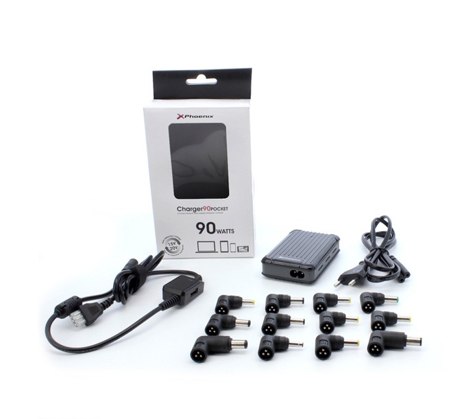 Imagén principal ADAPTADOR DE CORRIENTE PHOENIX PHCHARGER90POCKET UNIVERSAL AUTOMATICO 90W POCKET REDUCIDAS DIMENSIONES  INCLUYE 12 CONECTORES PARA PORTATILES NETBOOKS CON PUERTO USB EXTERNO -